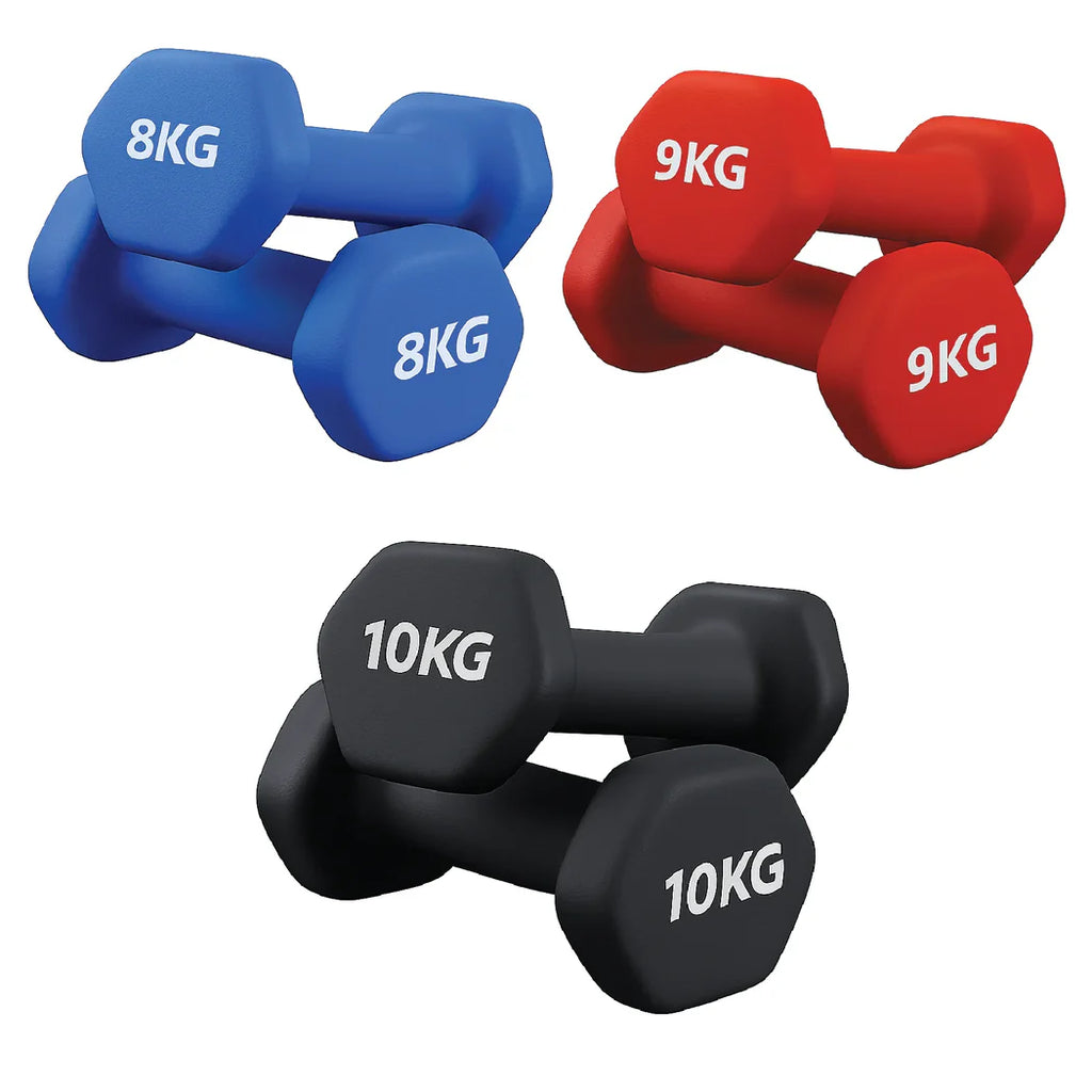 Set of blue, red, and black dumbbells with weight markings on a white background