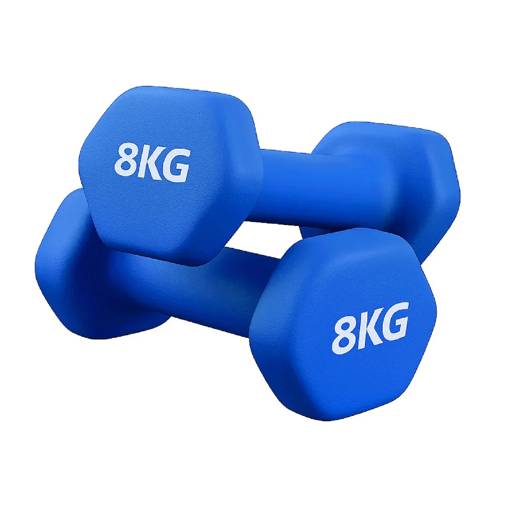 Pair of blue 8KG dumbbells on a white background