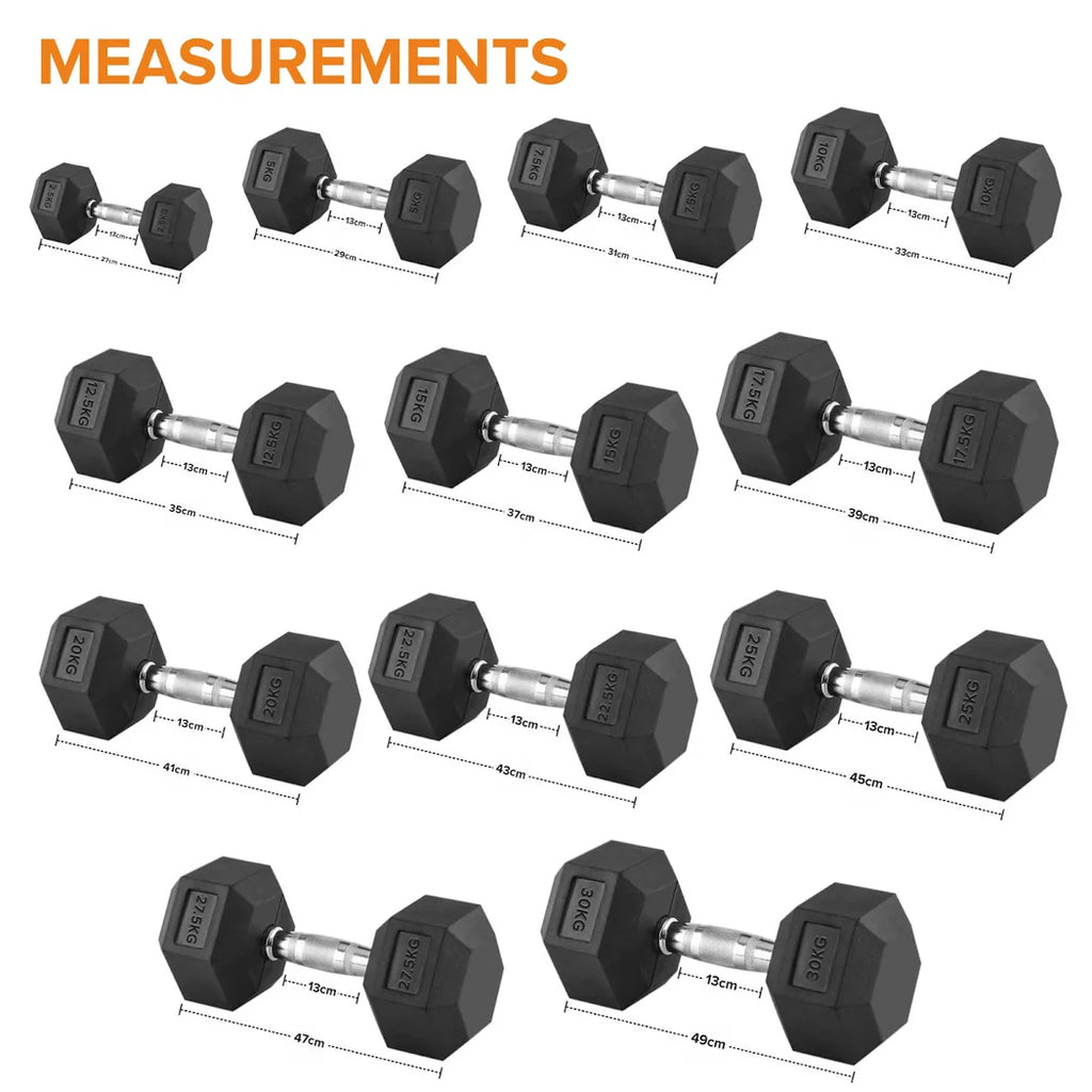Hexagonal dumbbells with measurements on a white background