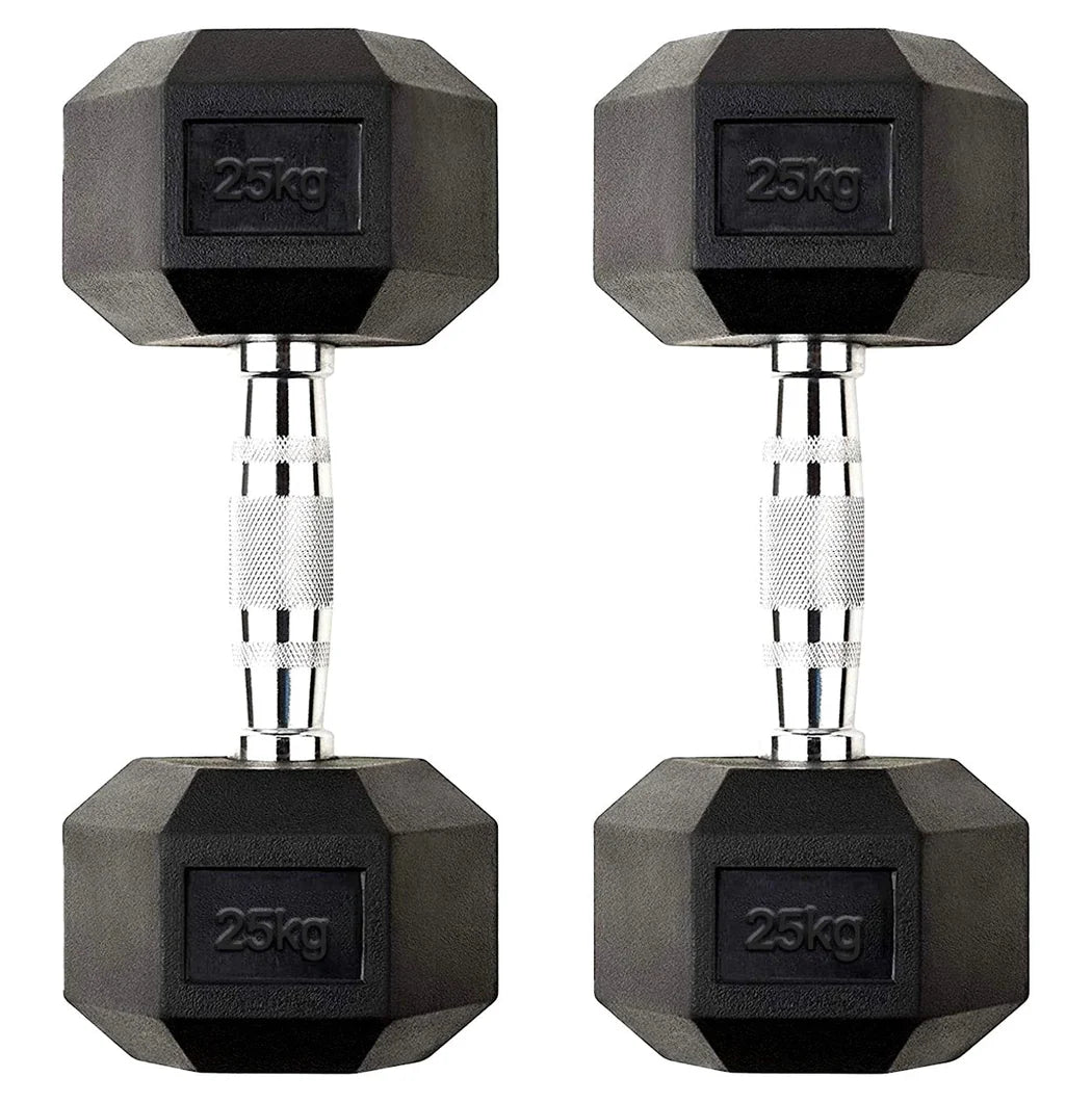 Pair of black hexagonal dumbbells with '25kg' marking on a white background