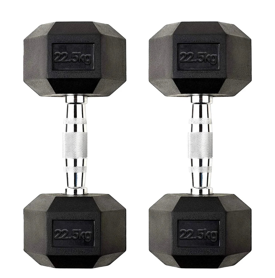 Pair of black hexagonal dumbbells with '22.5kg' marking on a white background
