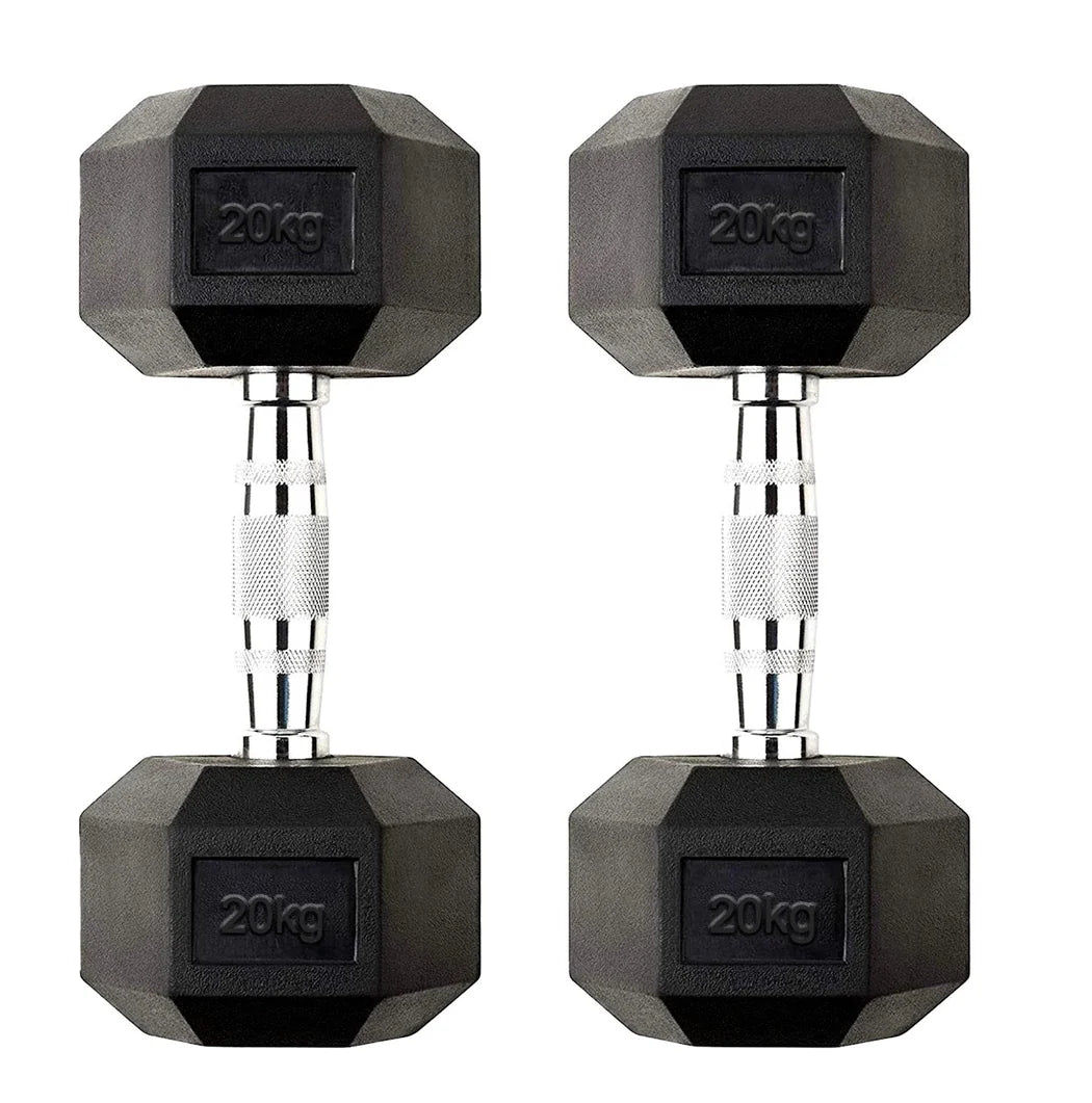 Pair of black hexagonal dumbbells with '20kg' marking on a white background