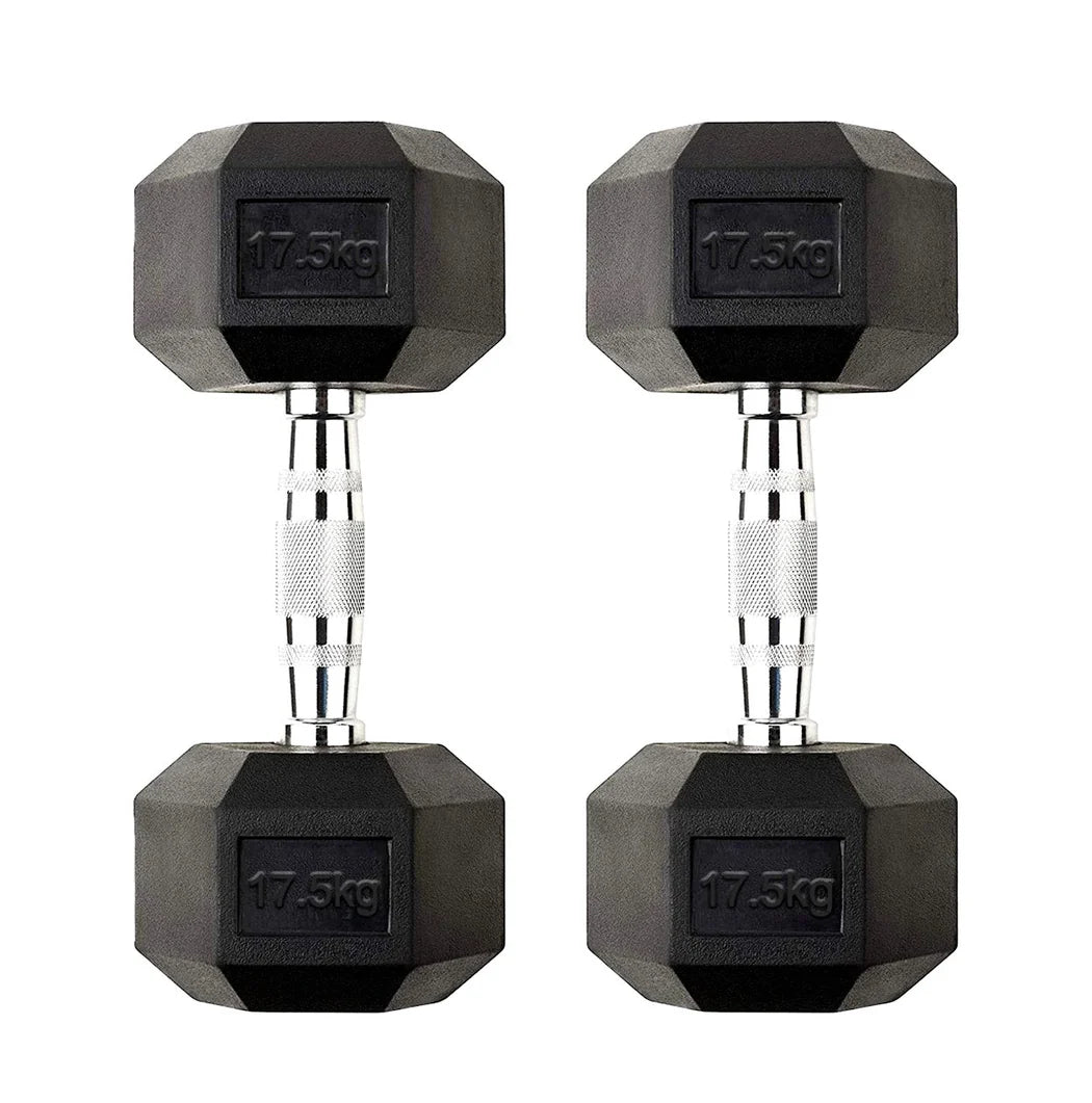 Pair of black hexagonal dumbbells with 17.5 kg markings on a white background