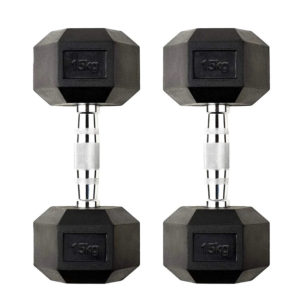 Pair of black hexagonal dumbbells with 15kg marking on a white background