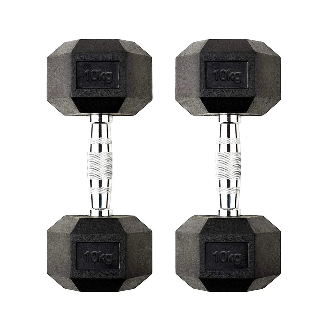 Pair of 10kg hexagonal dumbbells on a white background