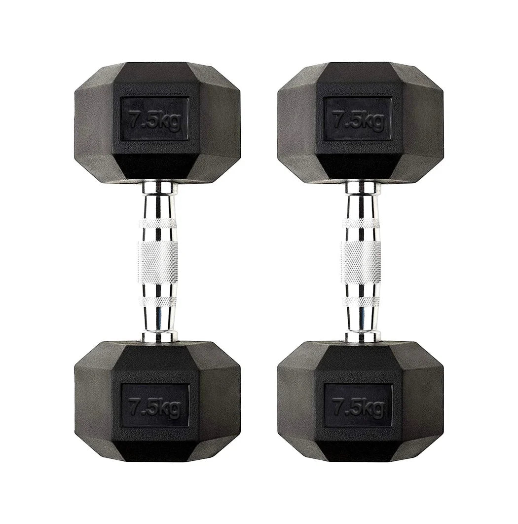 Pair of 7.5kg hexagonal dumbbells on a white background