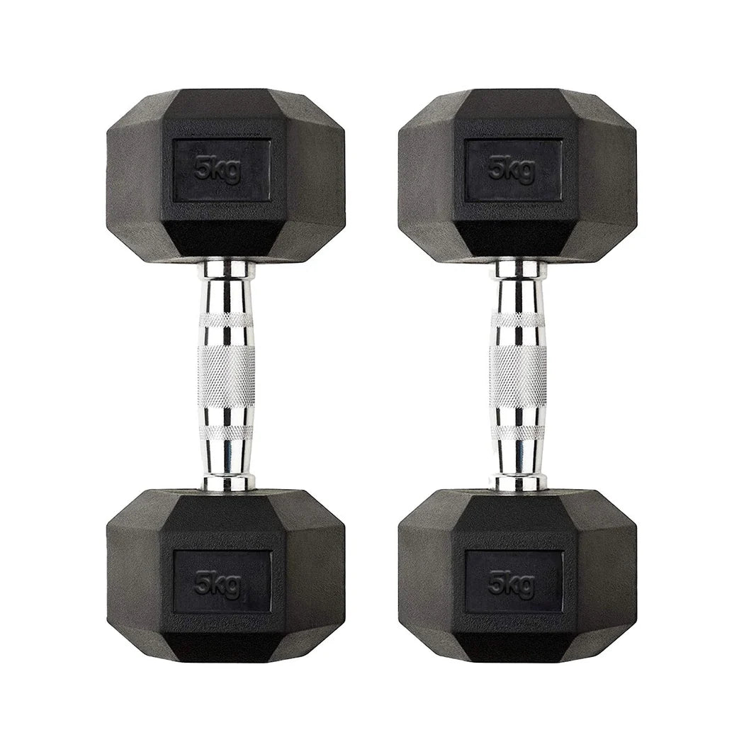 Pair of 3kg hexagonal dumbbells on a white background