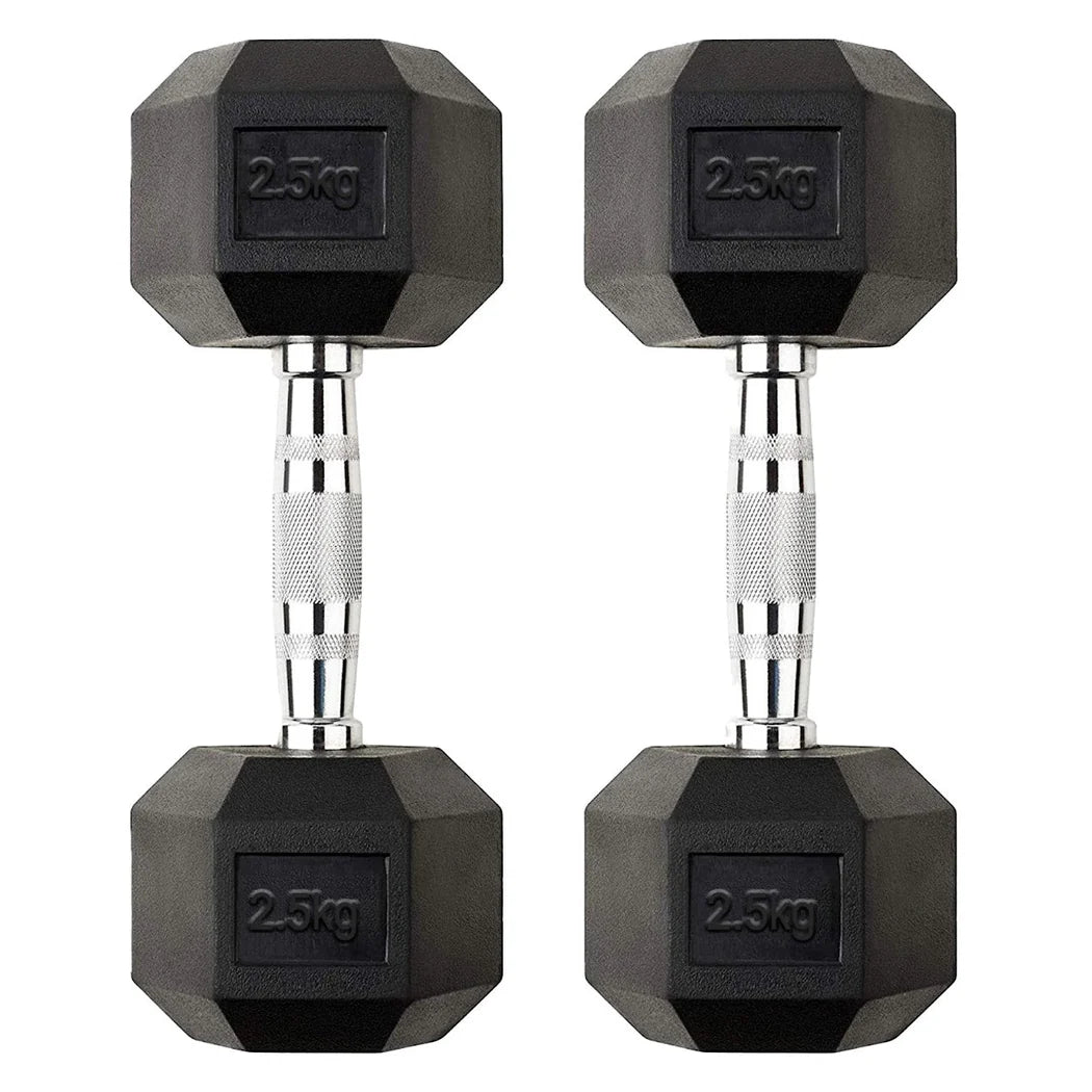 Pair of black hexagonal dumbbells with 2.5 kg marking on a white background