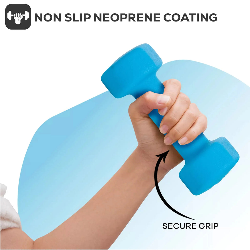 Blue dumbbell with non-slip neoprene coating held by a hand, on a light blue background.