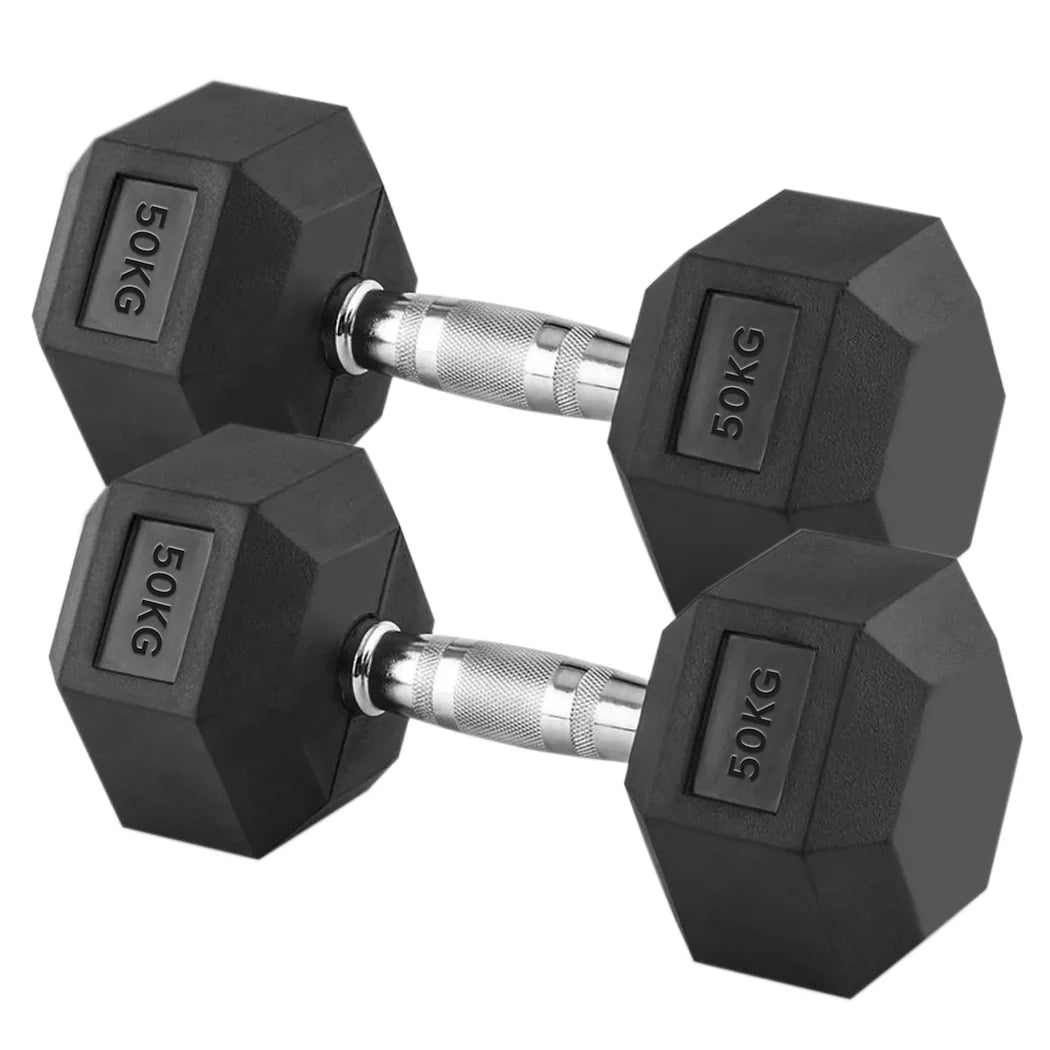 Pair of black hexagonal dumbbells with '50KG' marking on a white background