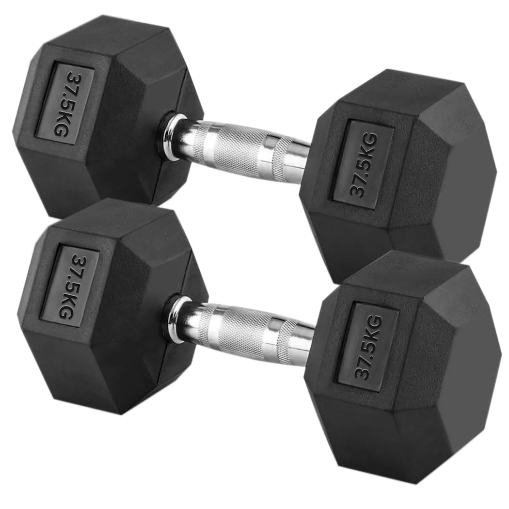 Pair of black hexagonal dumbbells with 37.5KG marking on a white background