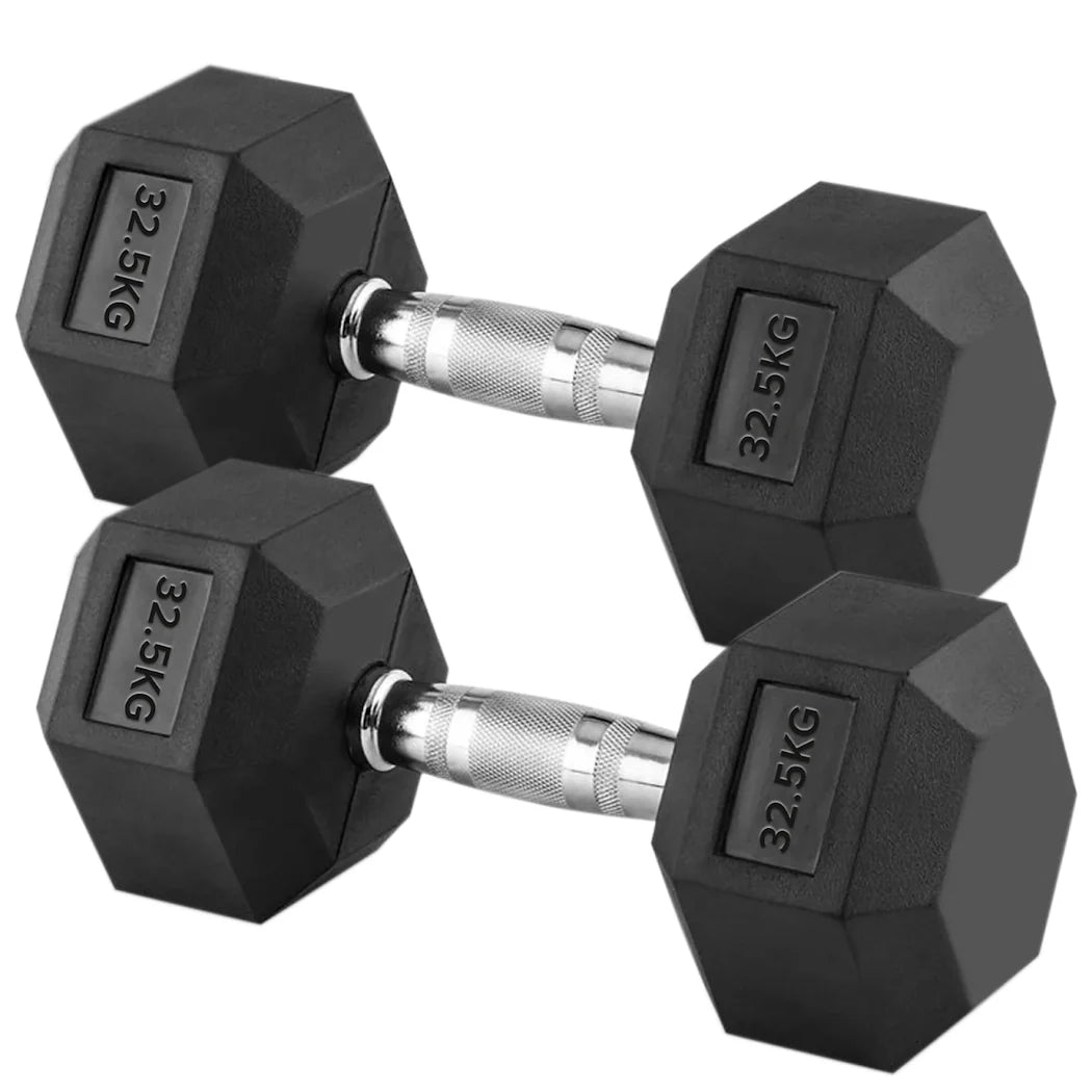Pair of black hexagonal dumbbells with 32.5KG marking on a white background