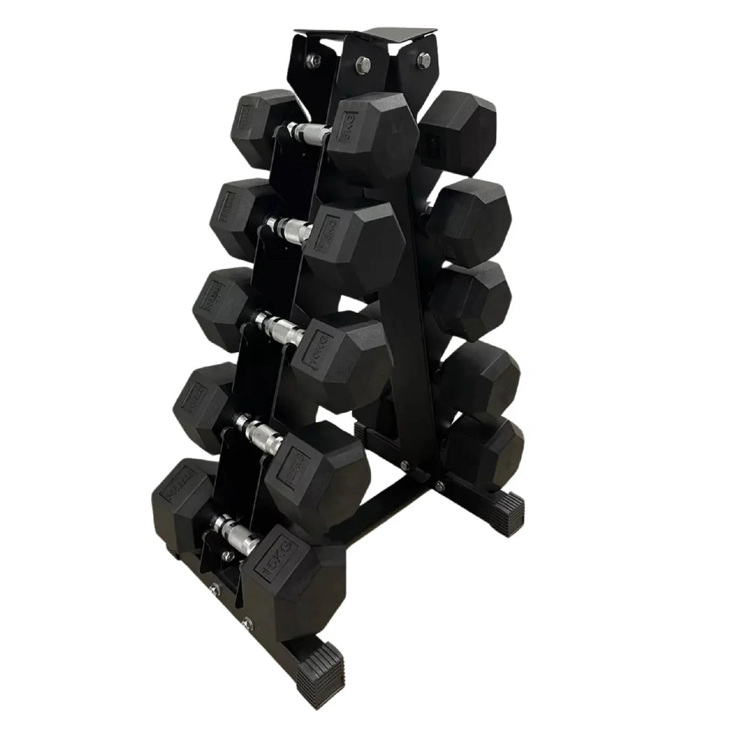 Set of black hexagonal dumbbells on a rack against a white background
