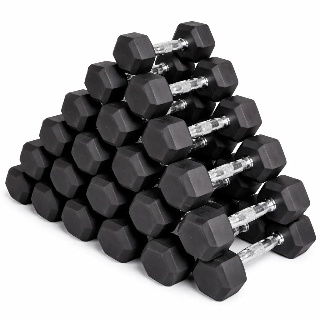 Stack of black hexagonal dumbbells on a white background