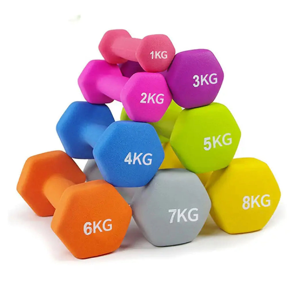 Colorful dumbbells with weight markings on a white background