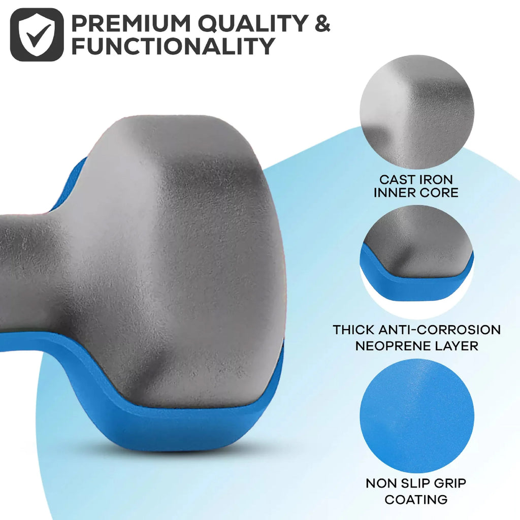 Blue and gray dumbbell with labeled features on a white background