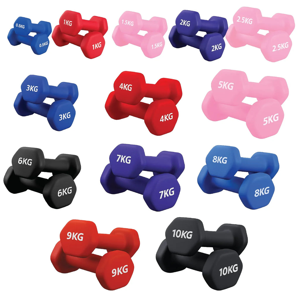 Set of colorful dumbbells with labeled weights on a white background