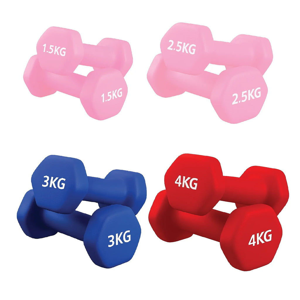 Set of pink, blue, and red dumbbells with weight markings on a white background