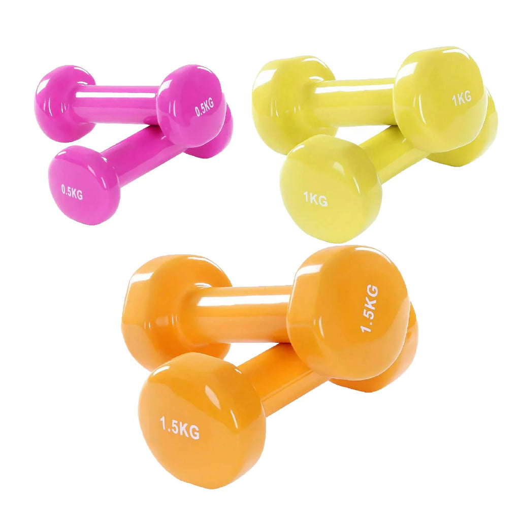 Set of colorful dumbbells on a white background