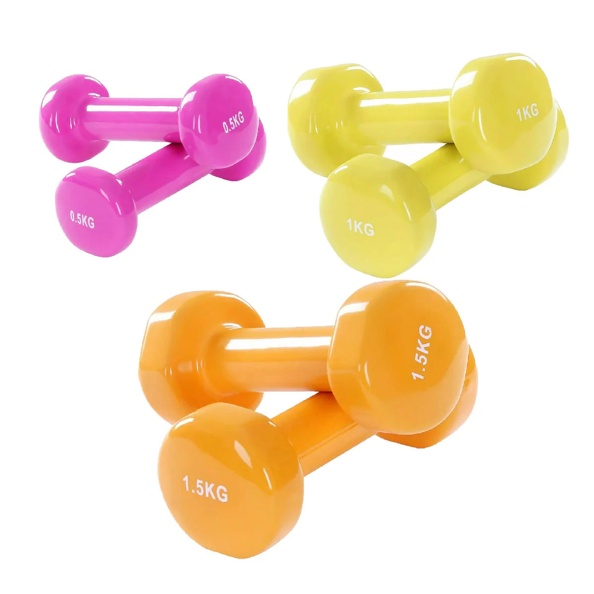 Set of colorful dumbbells on a white background