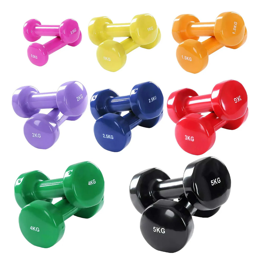 Set of colorful dumbbells on a white background