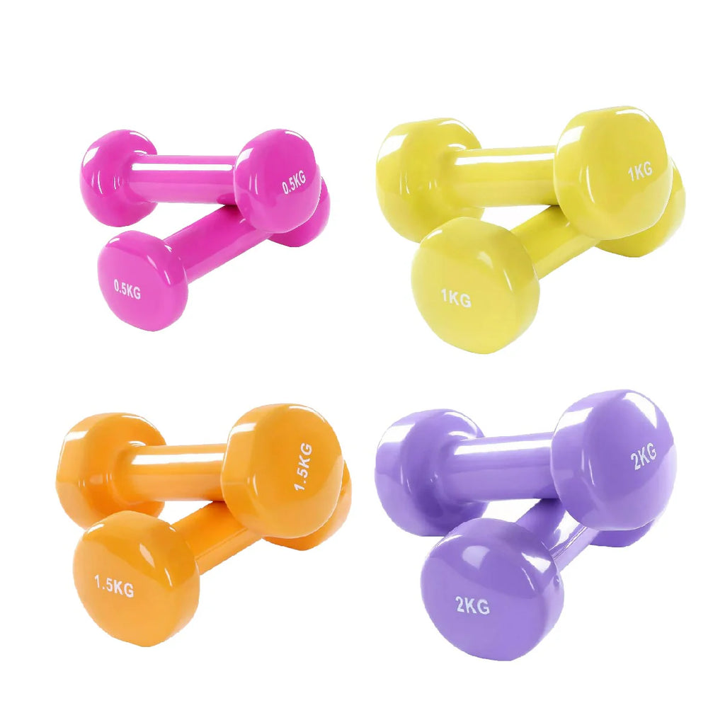 Set of colorful dumbbells on a white background