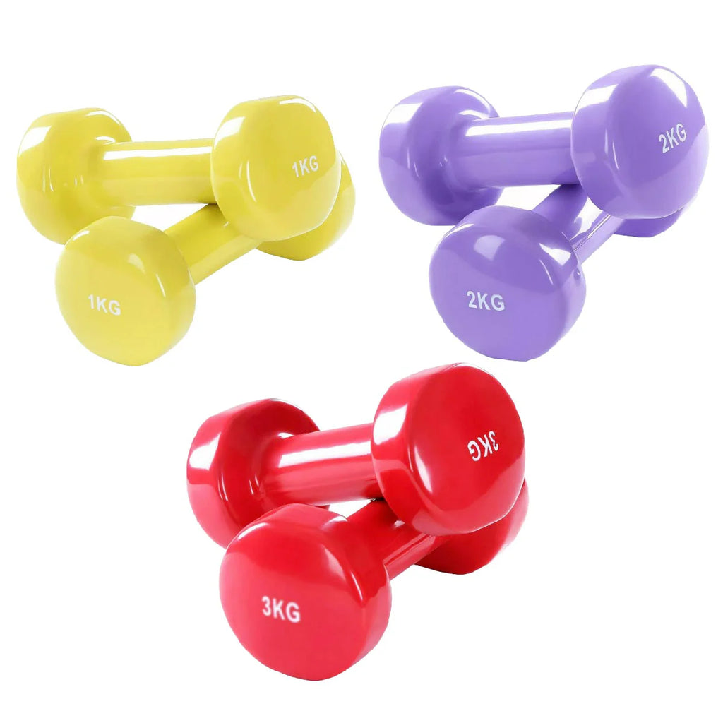 Set of colorful dumbbells with weight markings on a white background