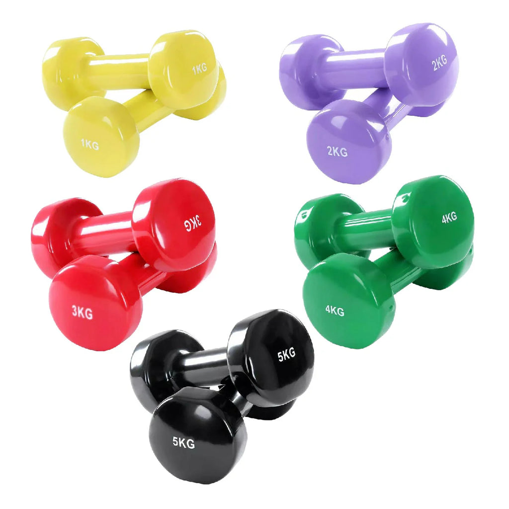 Set of colorful dumbbells with weights on a white background