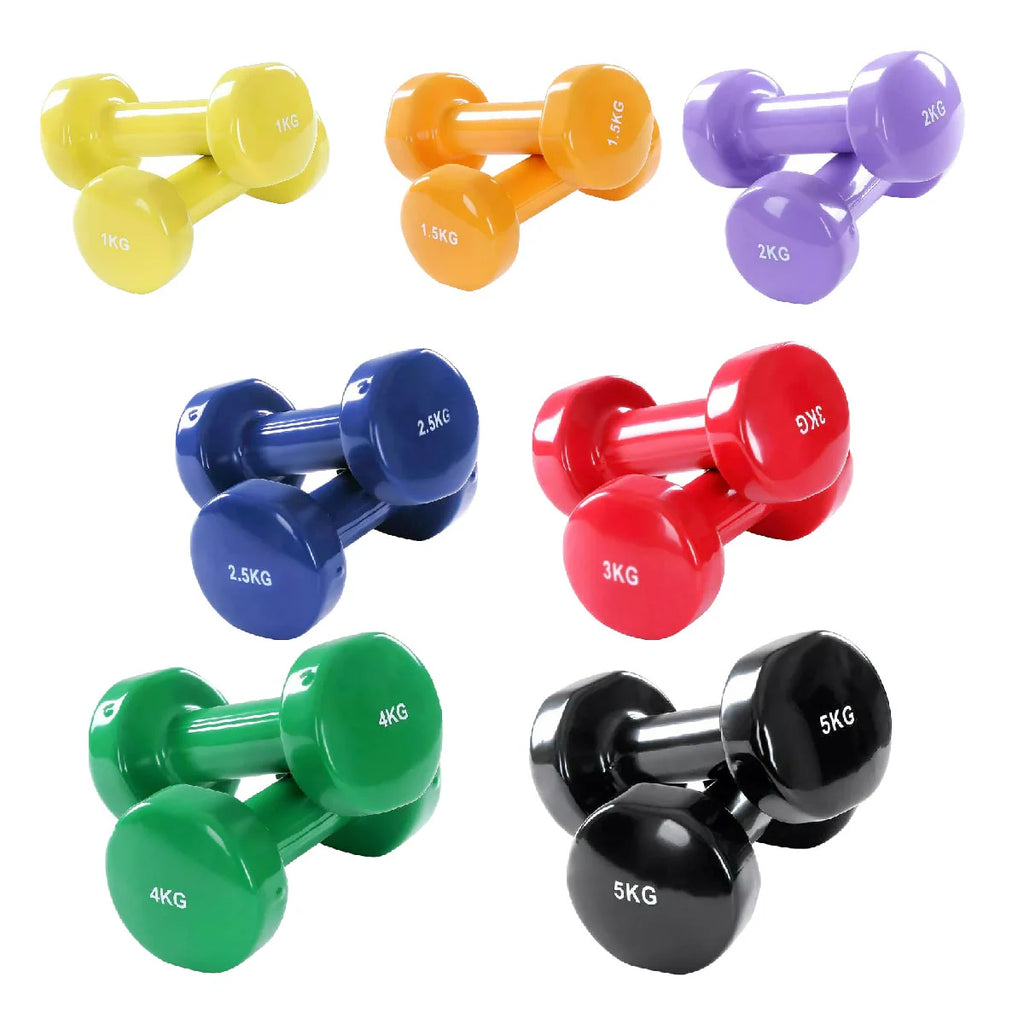 Set of colorful dumbbells on a white background