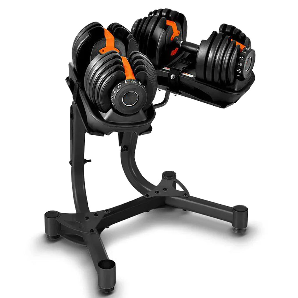 Pair of adjustable dumbbells on a stand with a white background
