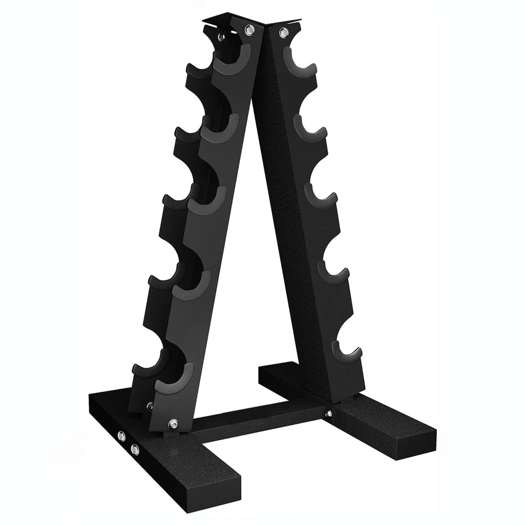 Black metal weight plate rack on a white background