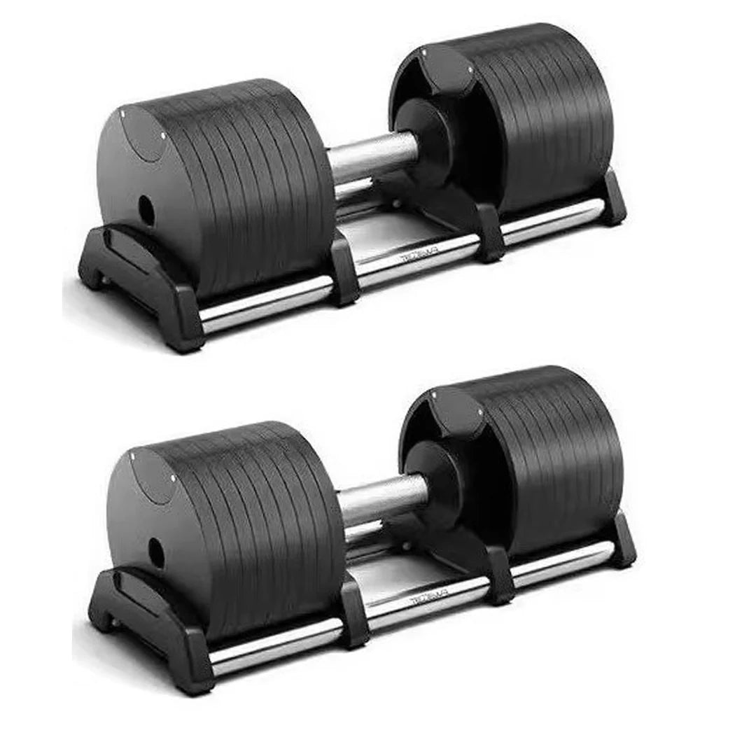 Pair of adjustable dumbbells on a white background