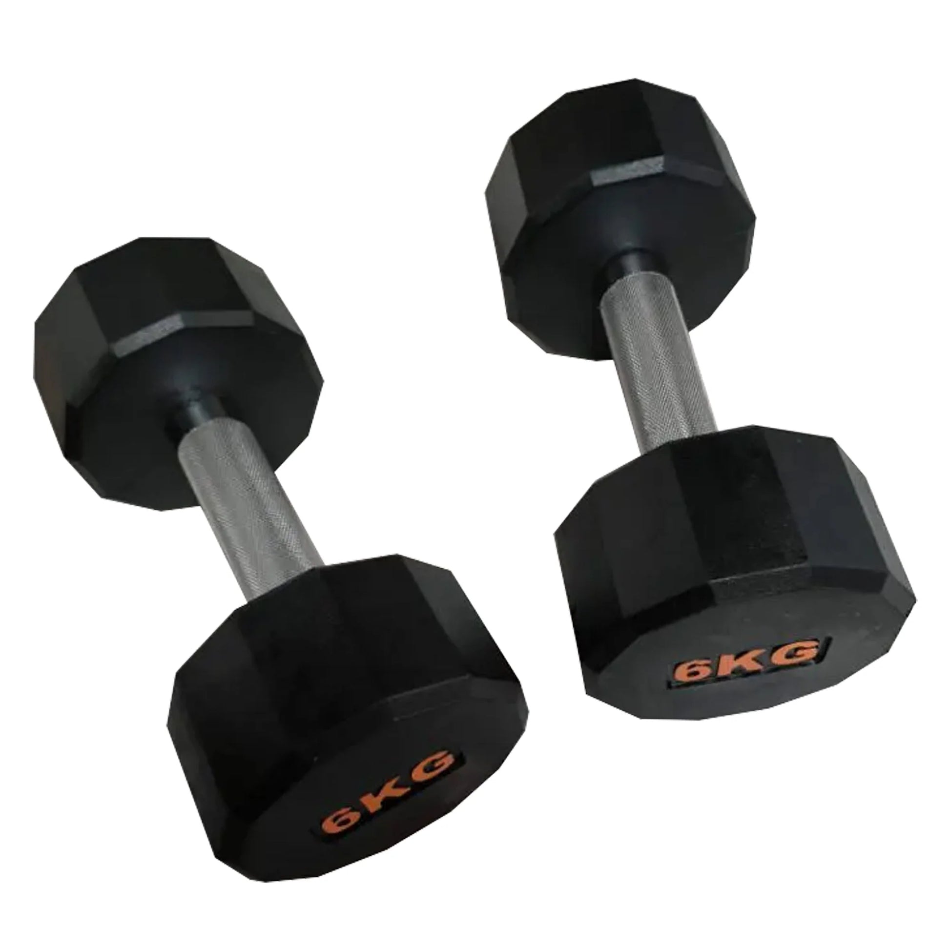 Pair of black dumbbells with '6KG' marking on a white background