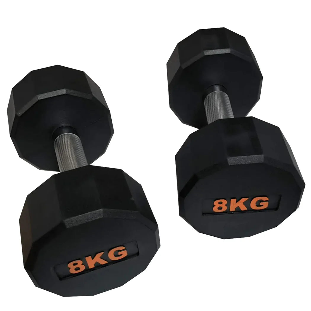 Pair of black 8KG dumbbells on a white background