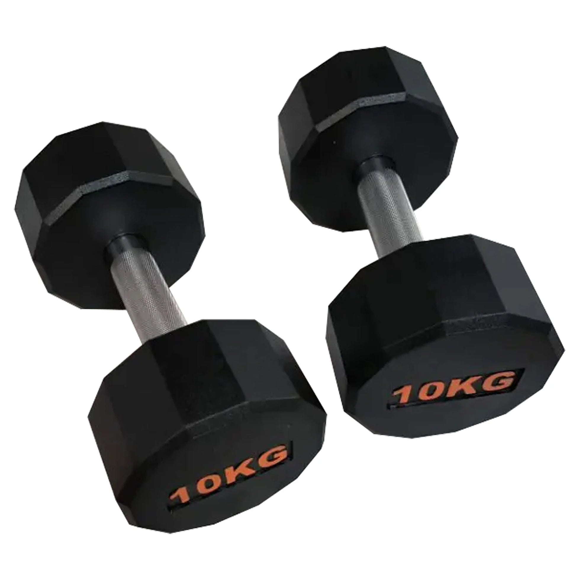Pair of black dumbbells with '10KG' marking on a white background