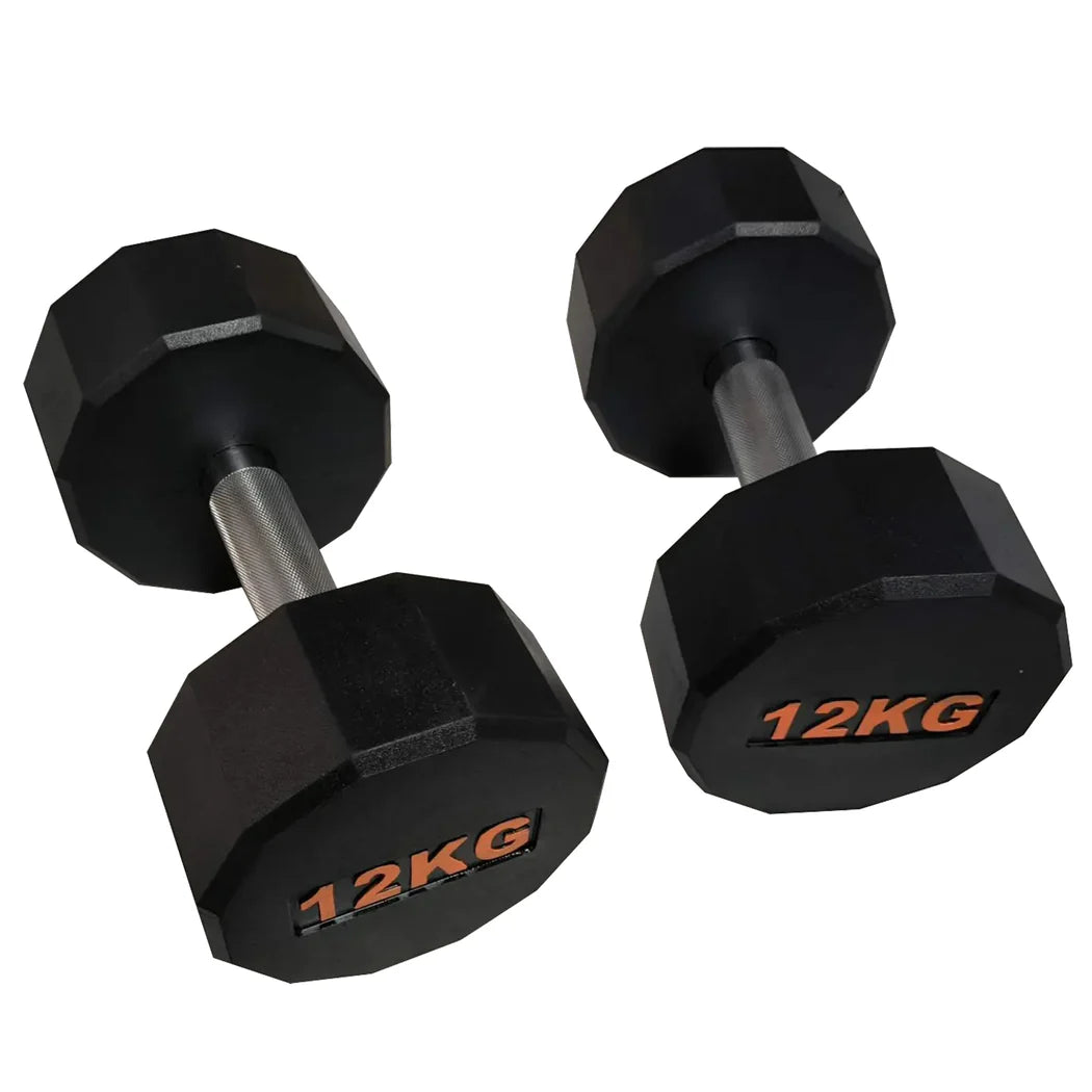Pair of black hexagonal dumbbells with '12KG' marking on a white background