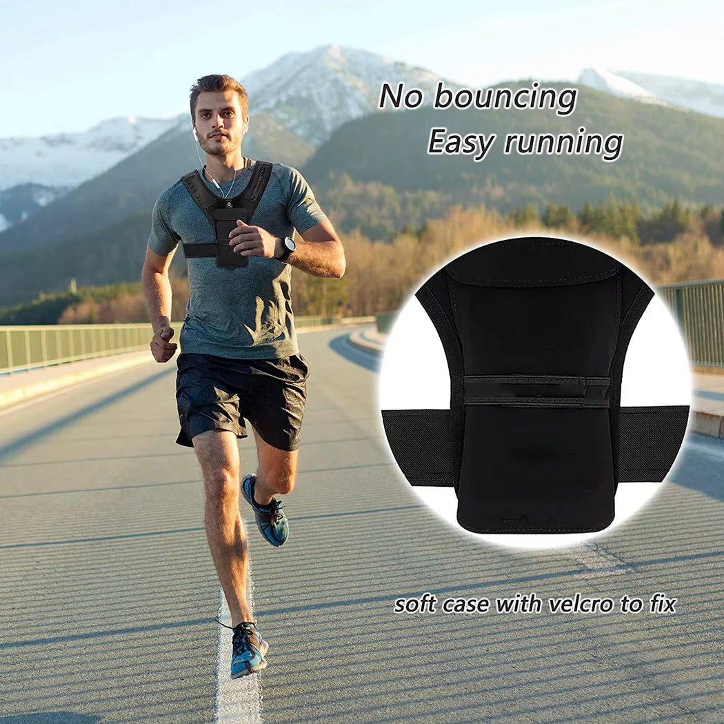 Man running with a black soft case with velcro on a mountain road