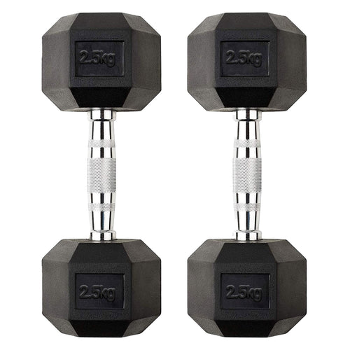 2.5kg Hex Dumbbell Pair – Rubber Coated Cast Iron Dumbbells with Chrome Knurled Handles – Lightweight Anti Roll Free Weights for Home Gym, Toning & Rehab