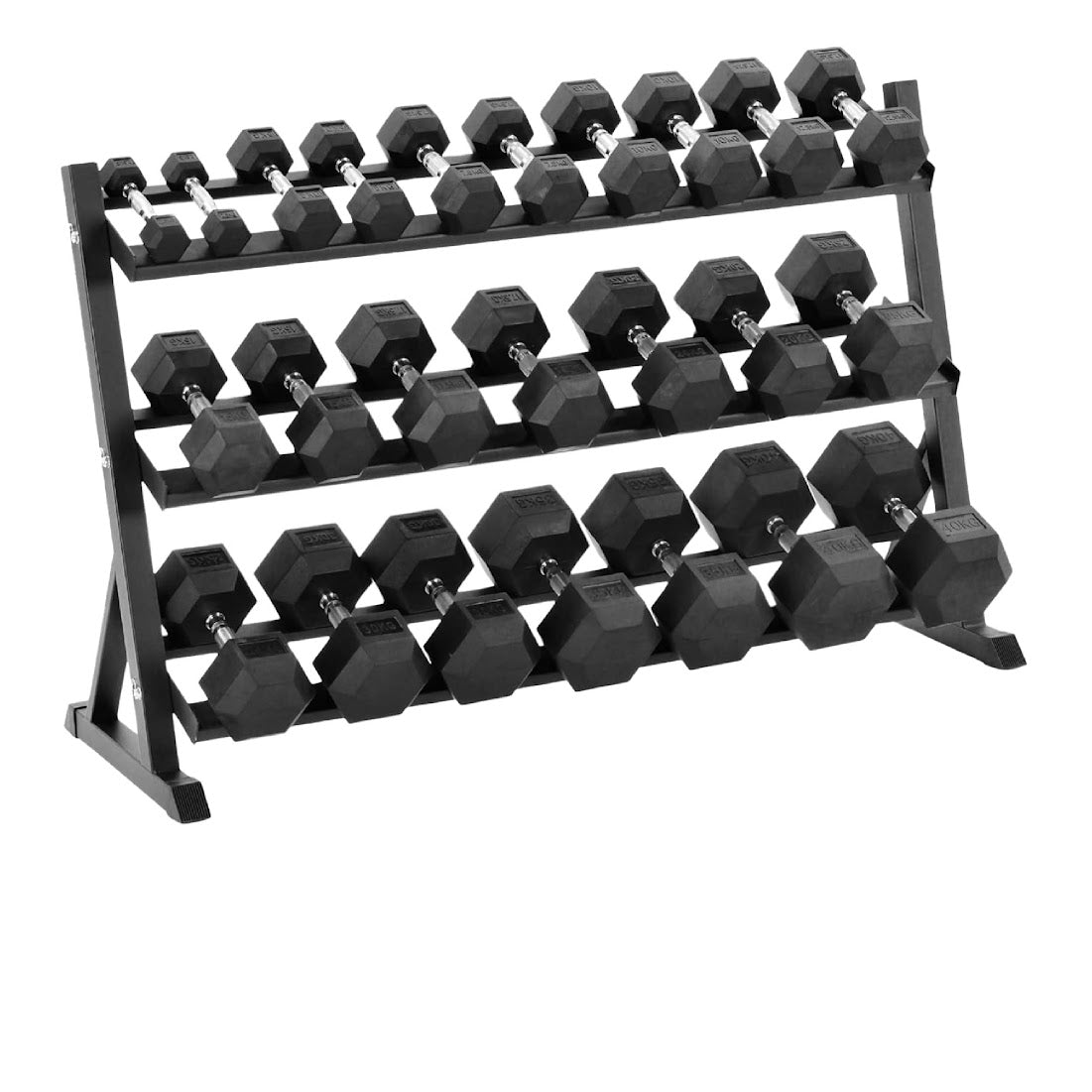 Hex Dumbbell Set 2.5kg–30kg Rubber-Coated Anti-Roll Weights with Optional 3-Layer Rack – Chrome Knurled Handles – Strength Training for Home Gyms
