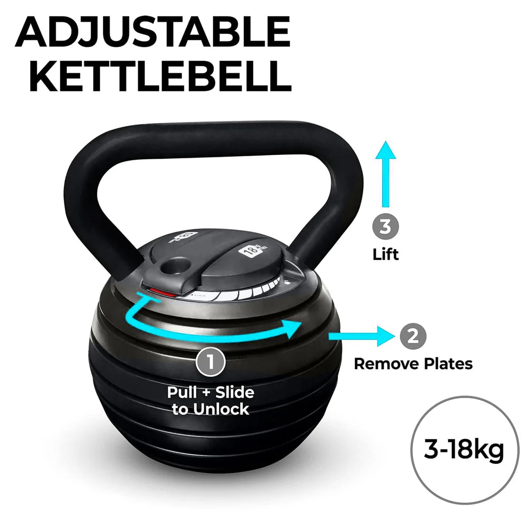 Adjustable kettlebell with instructions on how to use it, showing weight adjustment mechanism.