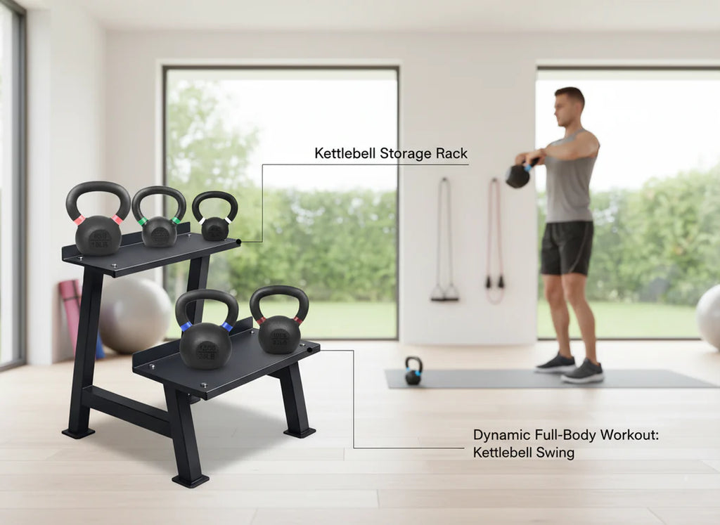 Kettlebell storage rack with kettlebells and a person performing a kettlebell swing in a home gym setting.