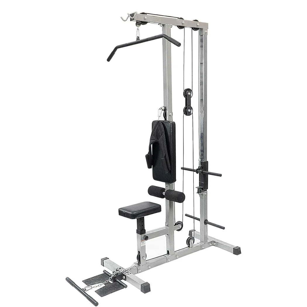 Gym equipment with various attachments on a white background