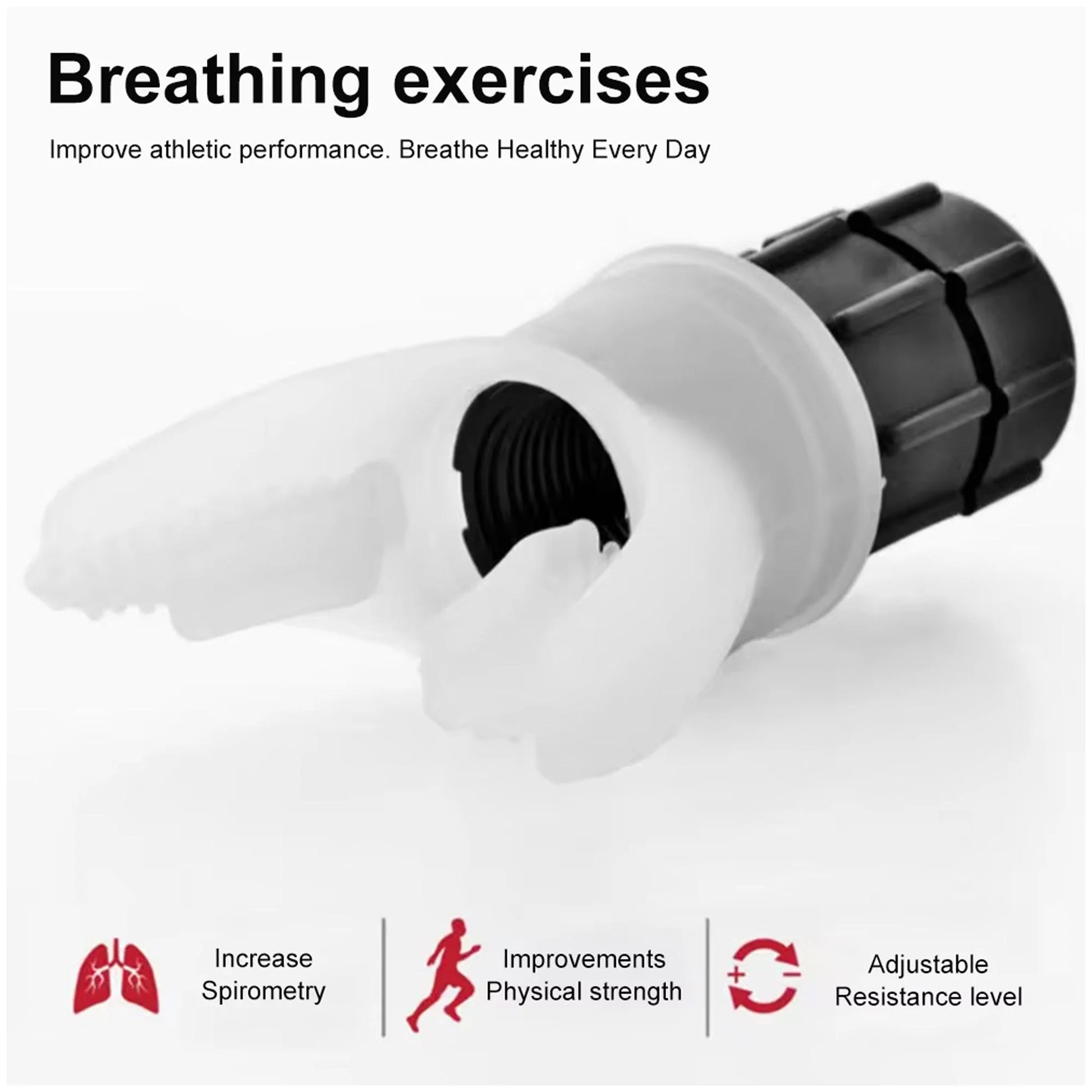 Breathing exercise device with text about improving athletic performance on a white background