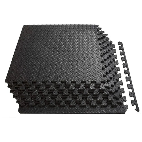 Black interlocking foam mats on a white background