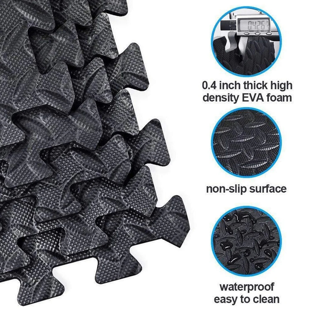 Black EVA foam pads with measurements, texture details, and features on a white background