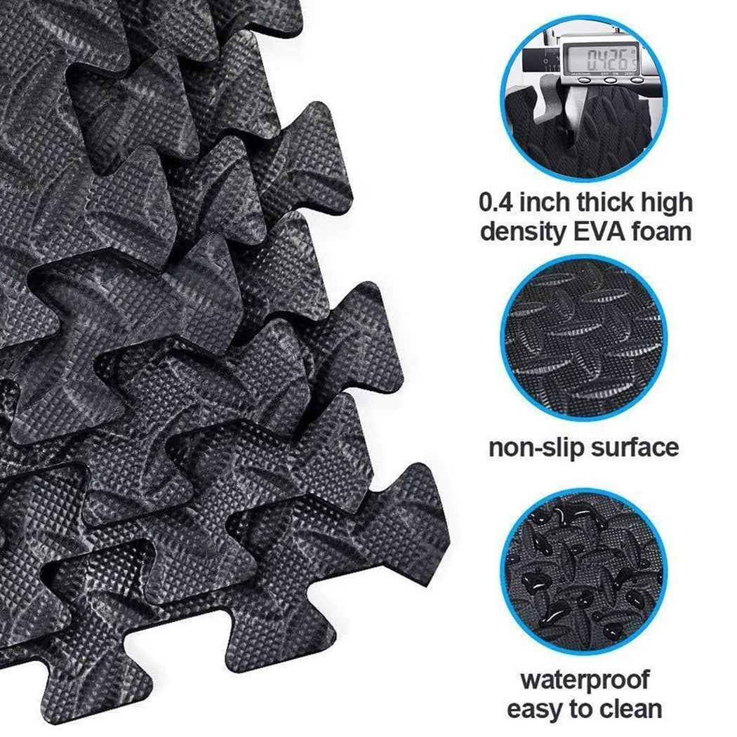 Black EVA foam pads with measurements, texture details, and features on a white background