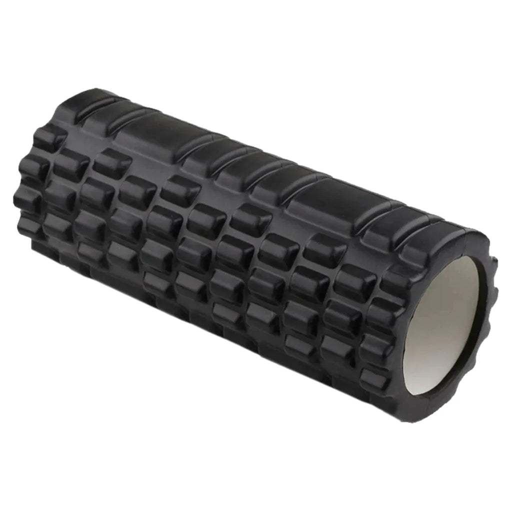 Black textured foam roller on a white background