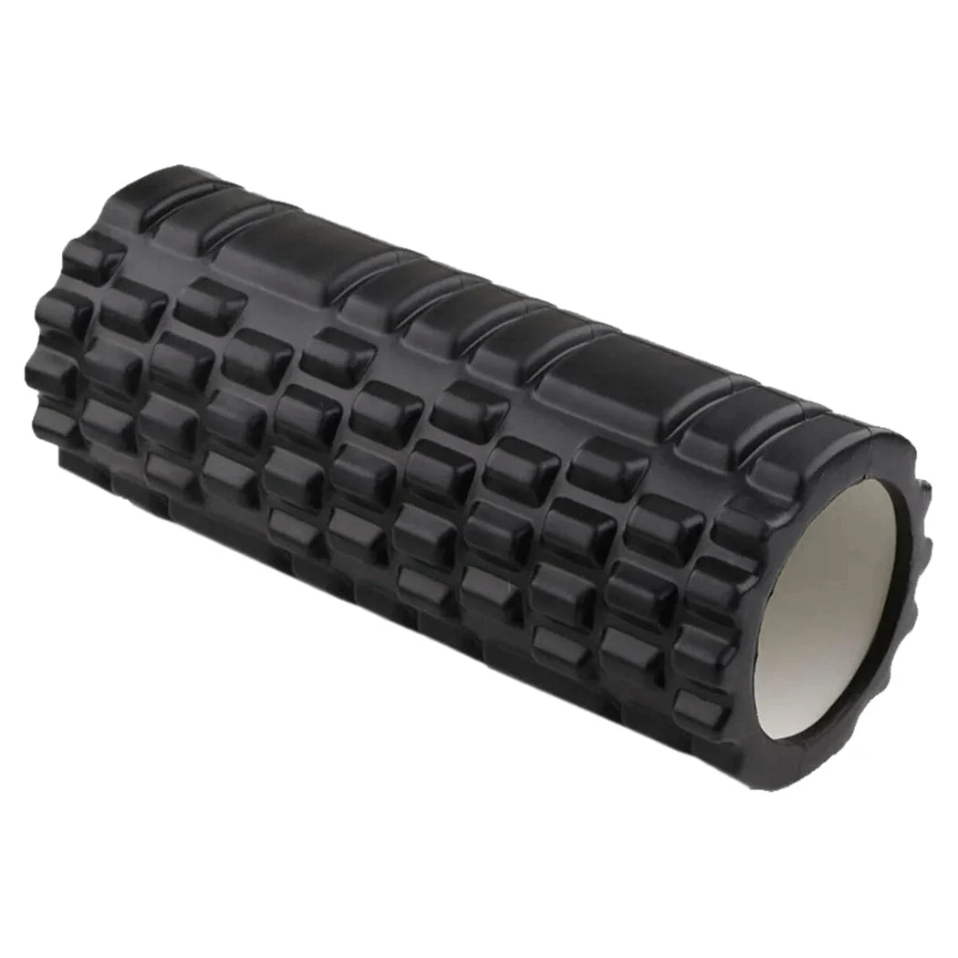 Black textured foam roller on a white background