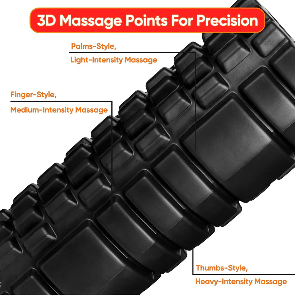 Black massage roller with 3D massage points labeled for different intensity massage styles on a white background.
