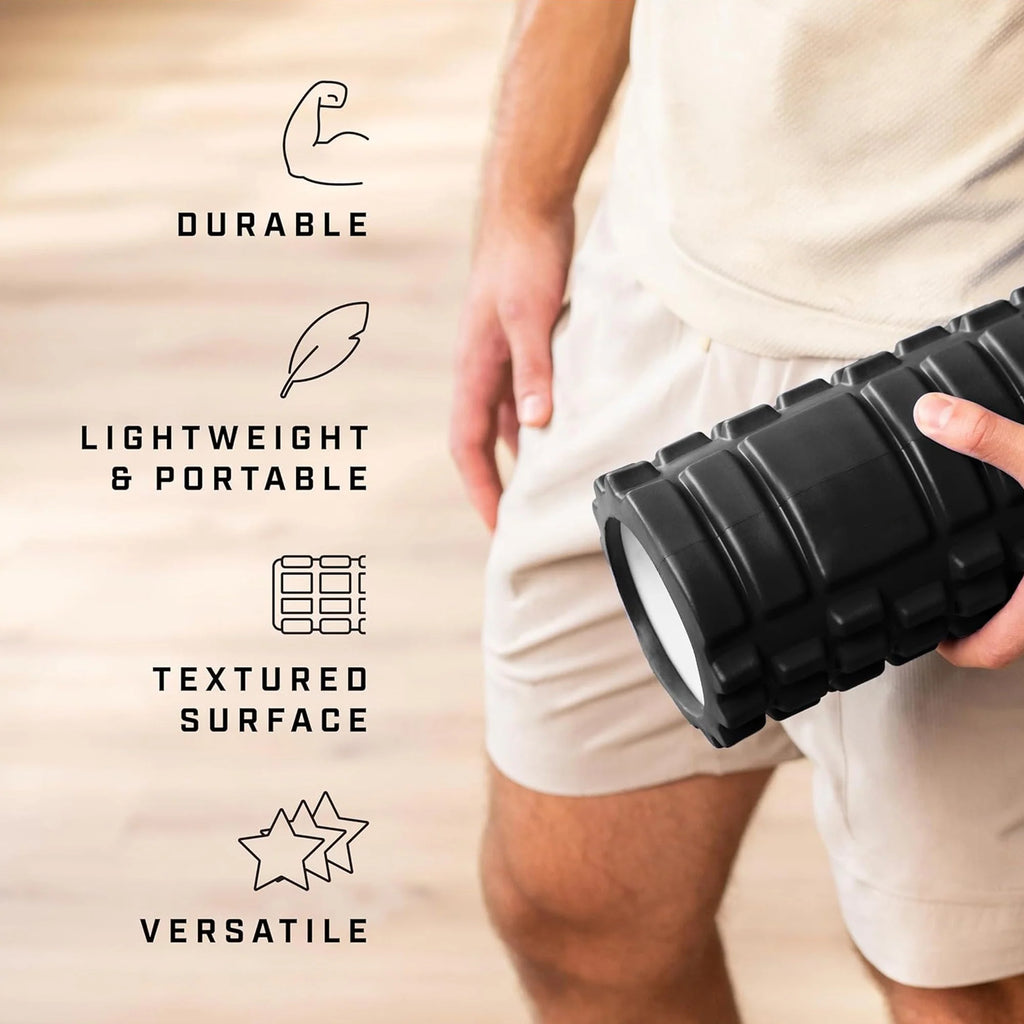 Person holding a black foam roller with durability, lightweight, portable, textured surface, and versatile text on the left.